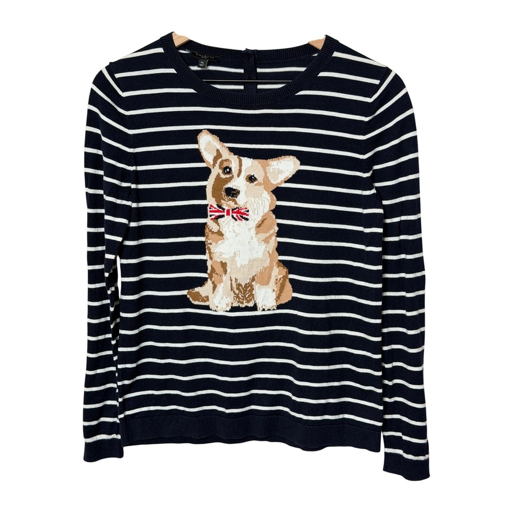 Talbots Petites Women's Striped Corgi Dog Graphic Crew Neck Long Sleeve Knit Top